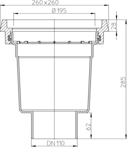 Perfektablaufkörper DN110 senkrecht, Gussrahmen 260x260mm   HL606.1K/1